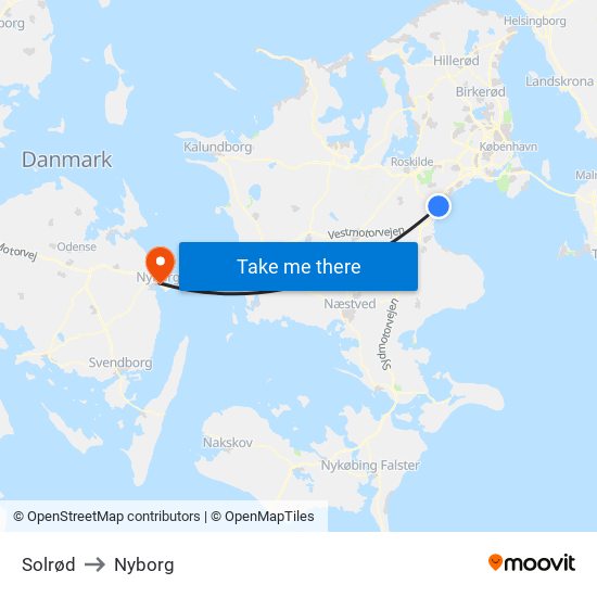 Solrød to Nyborg map