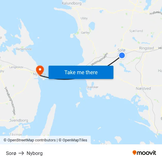 Sorø to Nyborg map
