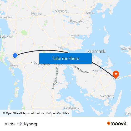 Varde to Nyborg map