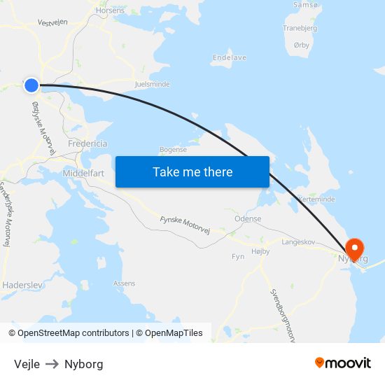 Vejle to Nyborg map