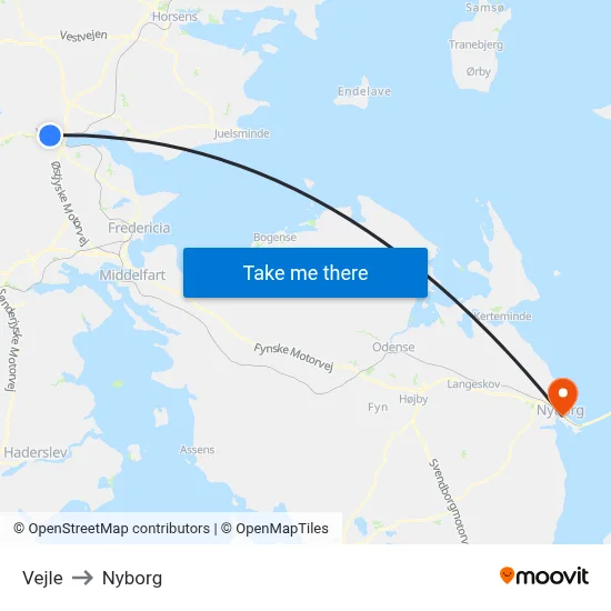Vejle to Nyborg map