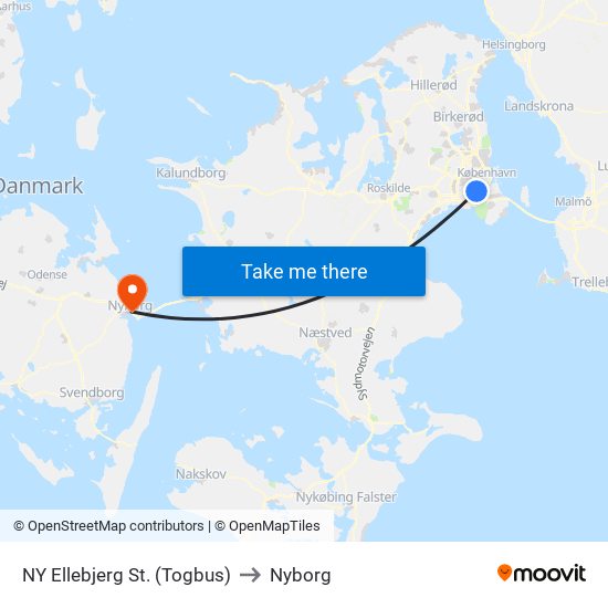 NY Ellebjerg St. (Togbus) to Nyborg map