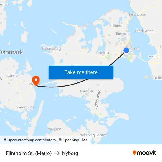 Flintholm St. (Metro) to Nyborg map