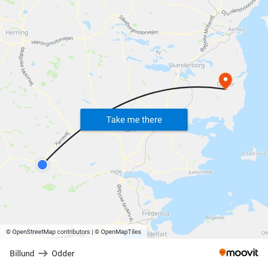 Billund to Odder map