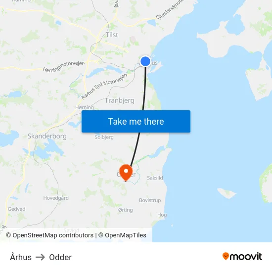 Århus to Odder map
