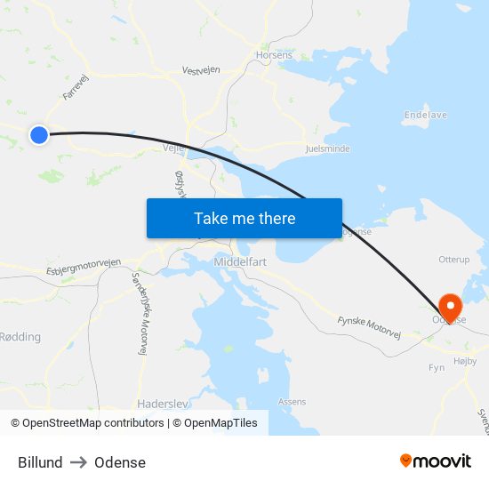 Billund to Odense map