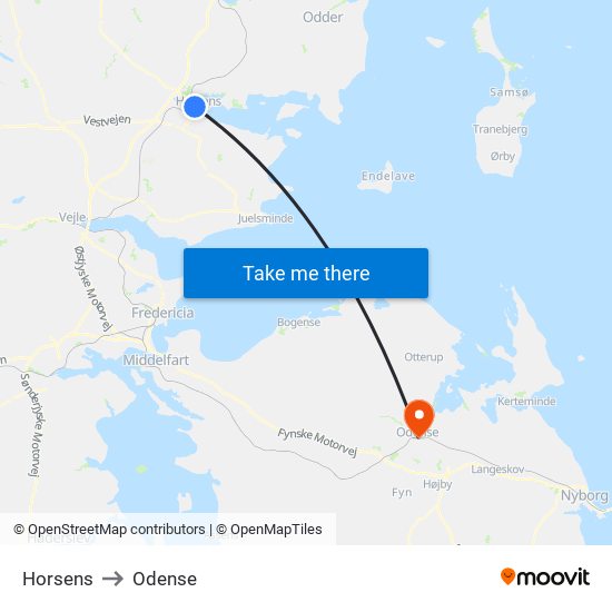 Horsens to Odense map
