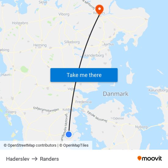 Haderslev to Randers map