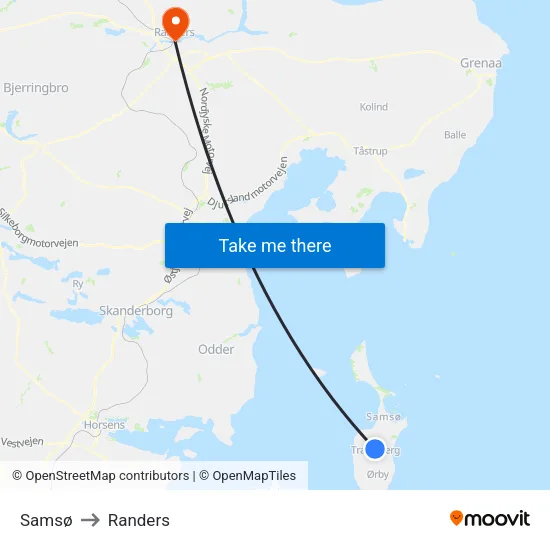 Samsø to Randers map