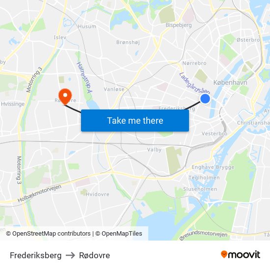 Frederiksberg to Rødovre map
