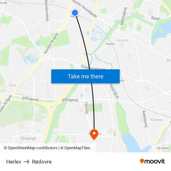 Herlev to Rødovre map