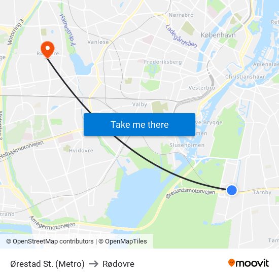 Ørestad St. (Metro) to Rødovre map