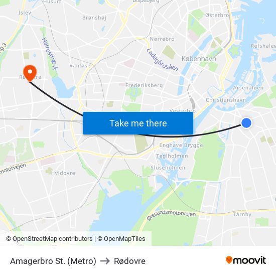 Amagerbro St. (Metro) to Rødovre map