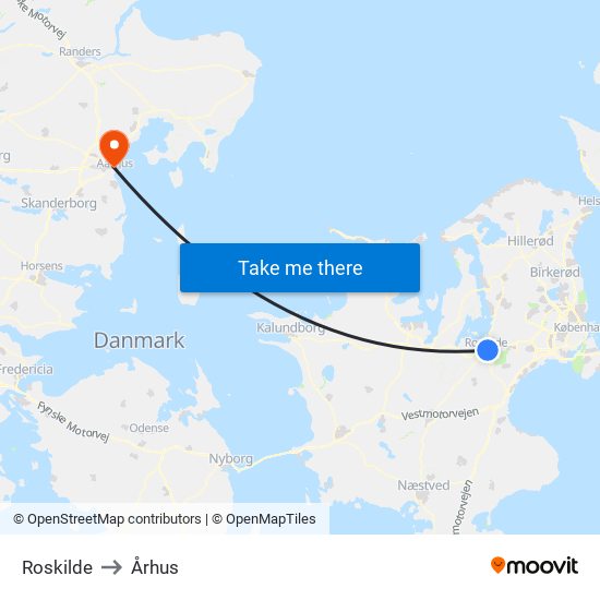 Roskilde to Århus map