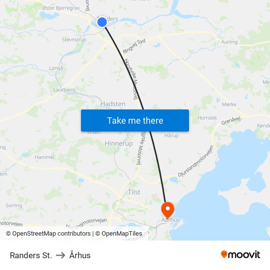 Randers St. to Århus map
