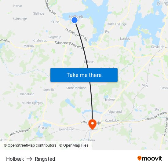 Holbæk to Ringsted map