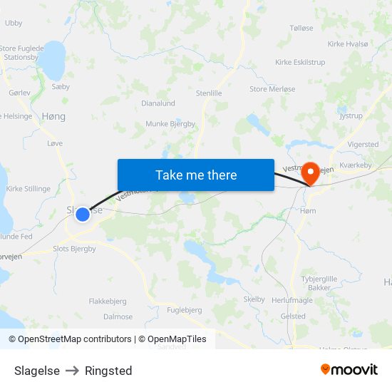 Slagelse to Ringsted map