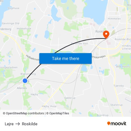 Lejre to Roskilde map
