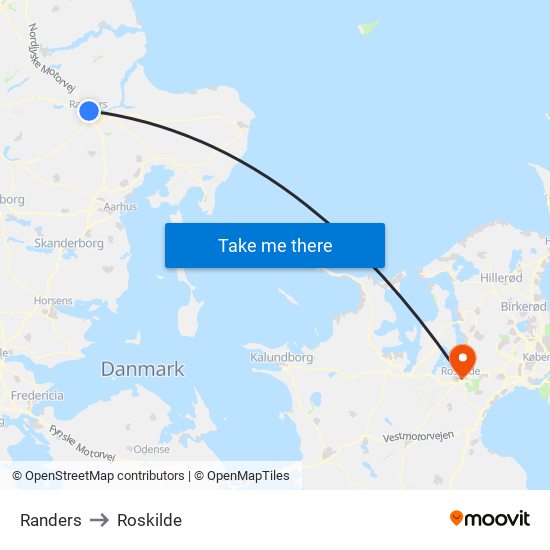 Randers to Roskilde map