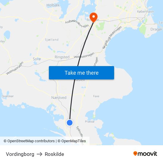 Vordingborg to Roskilde map
