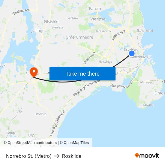 Nørrebro St. (Metro) to Roskilde map