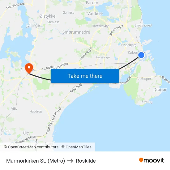 Marmorkirken St. (Metro) to Roskilde map