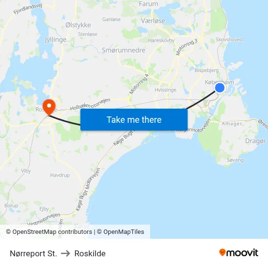 Nørreport St. to Roskilde map