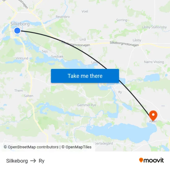 Silkeborg to Ry map