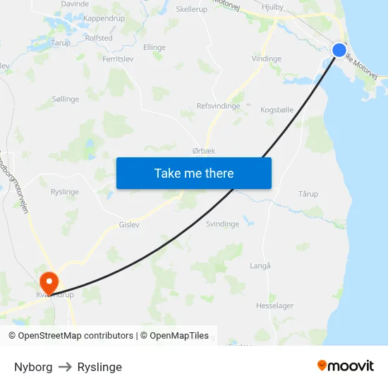 Nyborg to Ryslinge map