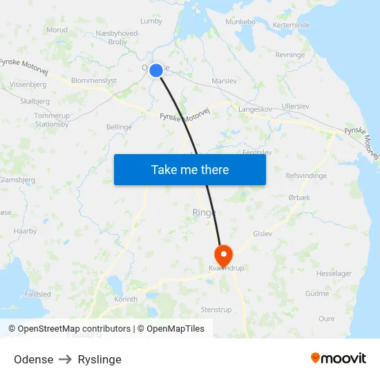 Odense to Ryslinge map