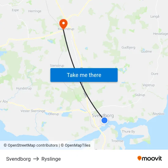 Svendborg to Ryslinge map