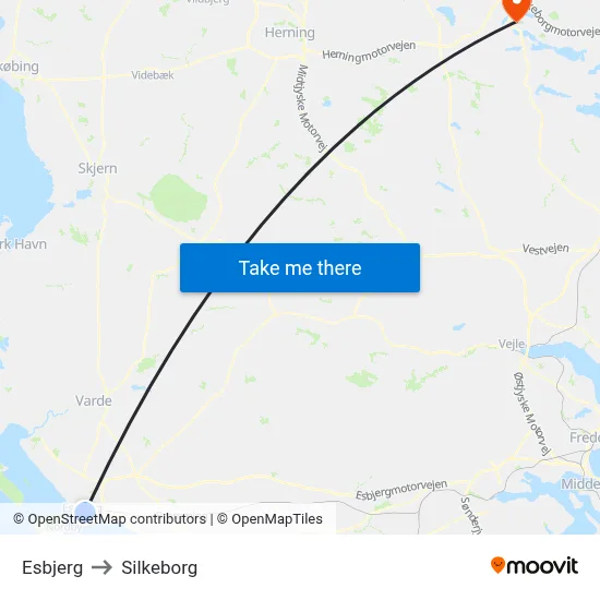 Esbjerg to Silkeborg map