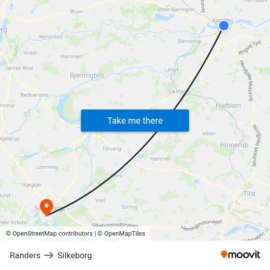 Randers to Silkeborg map