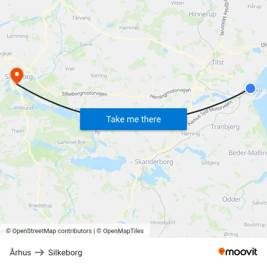 Århus to Silkeborg map