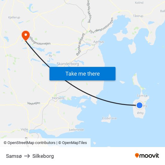 Samsø to Silkeborg map