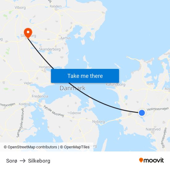 Sorø to Silkeborg map