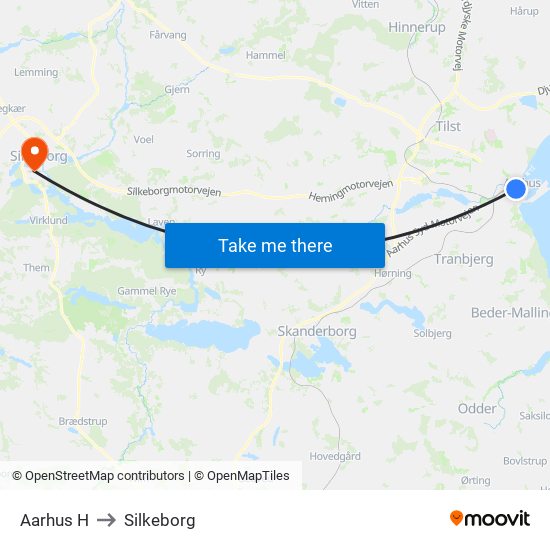 Aarhus H to Silkeborg map