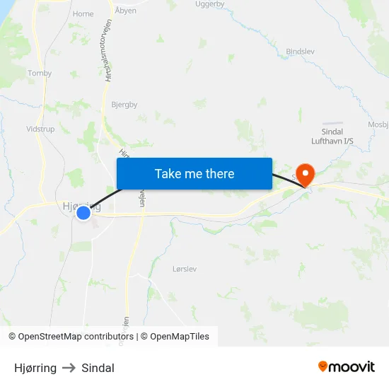 Hjørring to Sindal map