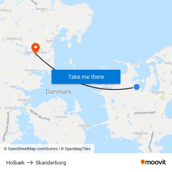 Holbæk to Skanderborg map