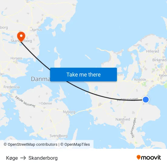 Køge to Skanderborg map