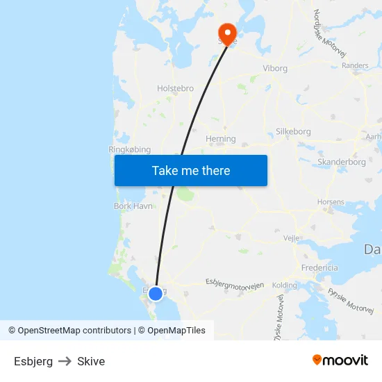 Esbjerg to Skive map
