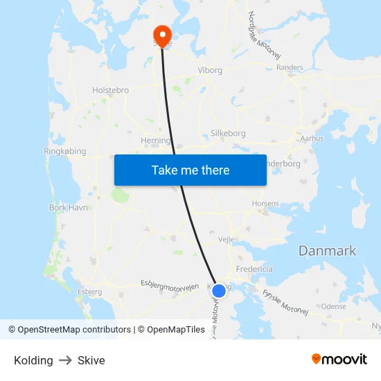 Kolding to Skive map