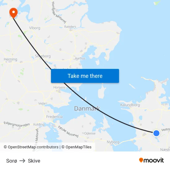 Sorø to Skive map
