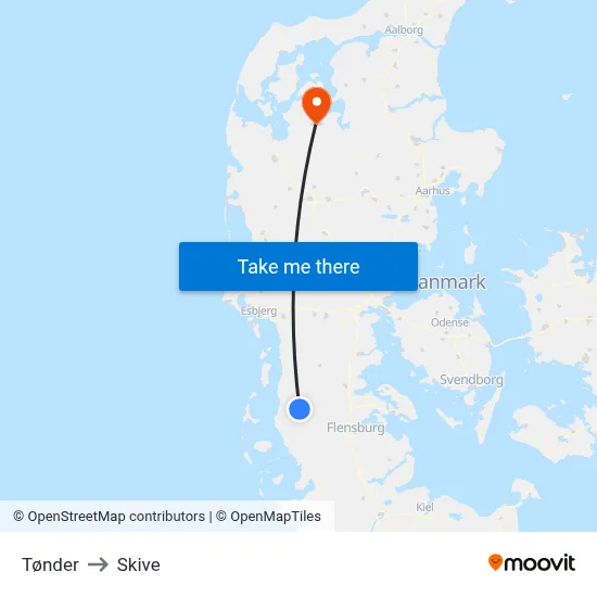 Tønder to Skive map