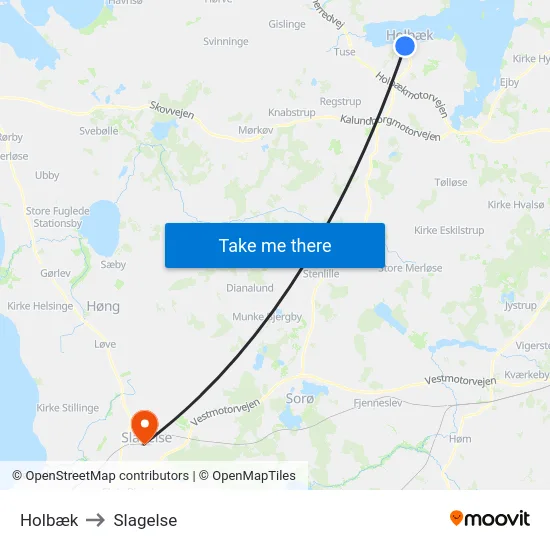 Holbæk to Slagelse map