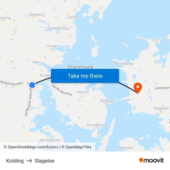 Kolding to Slagelse map