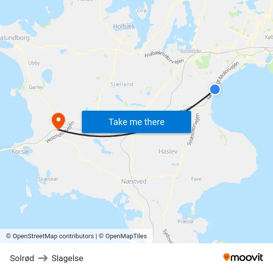 Solrød to Slagelse map