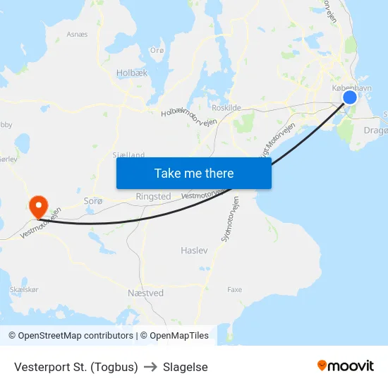 Vesterport St. (Togbus) to Slagelse map