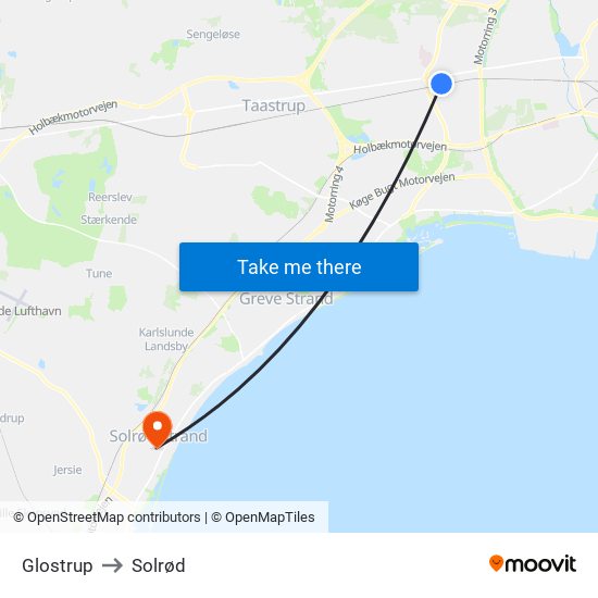 Glostrup to Solrød map