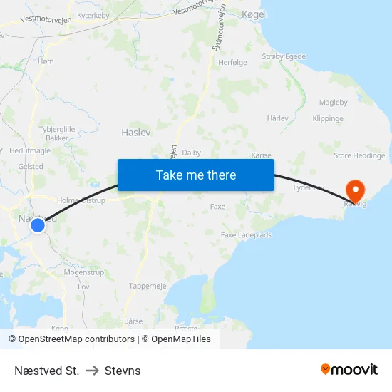 Næstved St. to Stevns map